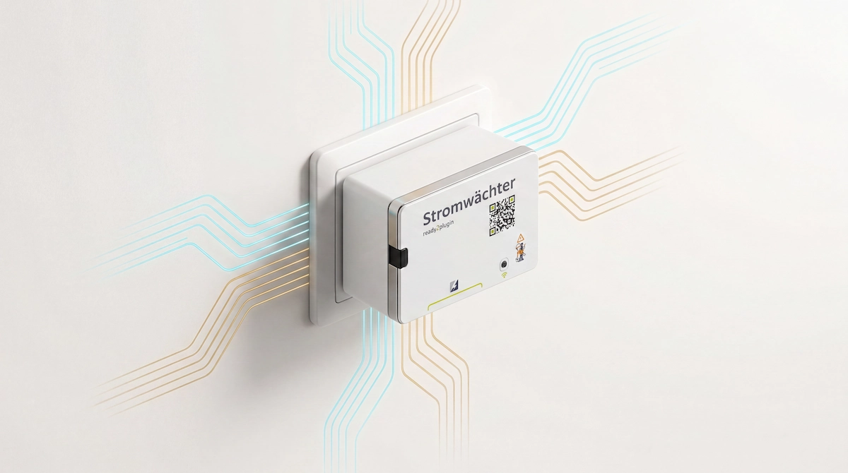 3D-Render: ready2plugin Stromwächter steckt in einem Raster von Schuko-Steckdosen