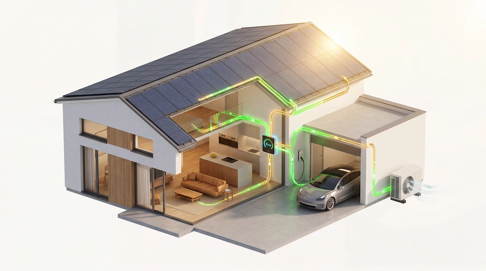 Isometrische Darstellung: Smart Home versorgt E-Auto und Wärmepumpe direkt aus Solar- und Batteriesystem